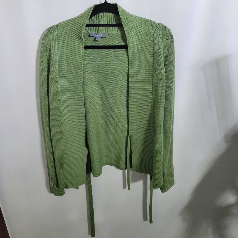 At Studio Soft Green 100% Extrafine Merino Wool Open Front Tie Cardigan, Size M - Picture 1 of 5